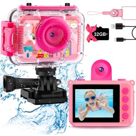 GKTZ Gift Pink for Girls Age 3-14 - Kids Waterproof Camera Digital Video Camera 180 Rotatable 20MP Underwater Camera, Birthday Gift for Girls 4 5 6 7 8 9 Years Old with 32G Card