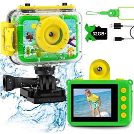 GKTZ Kids Green Camera Waterproof - 180 Rotatable 20MP Kids Underwater Sports Camera Children Action Digital Video Camcorder, Birthday Gift Toys for 3-14 Year Old Boys with 32GB Card-Green