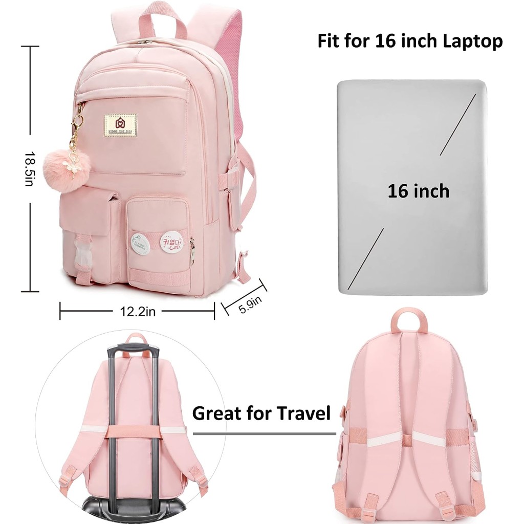 Hidds 16 Inch Laptop Backpack For Women & Teens - Pink School Bookbag With Fluffy Ball Keychain - View #4