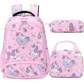 Kouxunt Unicorn Girls School Backpacks for Kids Teens, 3-in-1 School Bag Bookbags Set with Lunch Bag Pencil Case (Pink)