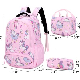 Kouxunt Unicorn Girls School Backpacks for Kids Teens, 3-in-1 School Bag Bookbags Set with Lunch Bag Pencil Case (Pink)