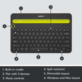 Logitech K480 Wireless Multi-Device Keyboard for Windows, macOS, iPadOS, Android or Chrome OS, Bluetooth, Compact, Compatible with PC, Mac, Laptop, Smartphone, Tablet - Black