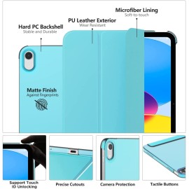 MoKo iPad 10th Generation Case 2022, Slim Stand Hard PC Translucent Back Shell Smart Cover Case for iPad 10th Gen 10.9 inch 2022, Support Touch ID, Auto Wake/Sleep, Azure