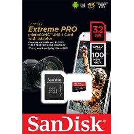 SanDisk Extreme Pro 32 GB microSDHC Memory Card + SD Adapter with A1 App Performance + Rescue Pro Deluxe 100 MB/s Class 10, UHS-I, U3, V30 SDSQXCG-032G-GN6MA, Red/Gold