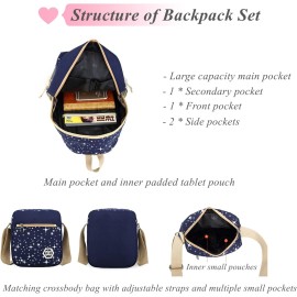 Star Print BLUE Girls Canvas Backpacks Set for School, School Bags Bookbags for Teenage Girls