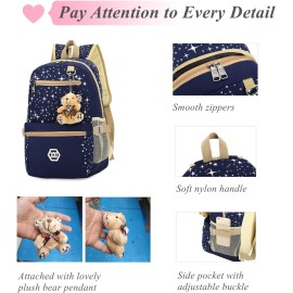 Star Print BLUE Girls Canvas Backpacks Set for School, School Bags Bookbags for Teenage Girls