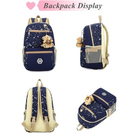 Star Print BLUE Girls Canvas Backpacks Set for School, School Bags Bookbags for Teenage Girls