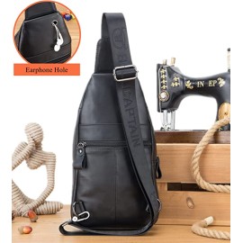 BULLCAPTAIN Black  Genuine Leather Sling Bag for Men Crossbody with Cellphone Stand Chain Chest Shoulder Backpack Daypack XB-520 (Black)