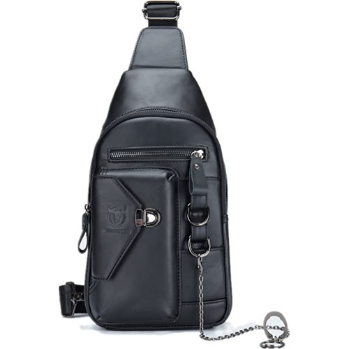 BULLCAPTAIN Black  Genuine Leather Sling Bag for Men Crossbody with Cellphone Stand Chain Chest Shoulder Backpack Daypack XB-520 (Black)