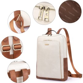 CLUCI Womens Laptop Backpack Leather 15.6 Inch Computer Backpack Large Travel Daypack Business Vintage College Bag Embossed Off-white with Brown