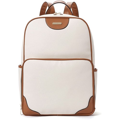 CLUCI Womens Laptop Backpack Leather 15.6 Inch Computer Backpack Large Travel Daypack Business Vintage College Bag Embossed Off-white with Brown