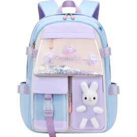 Gazigo Girls Backpack Elementary School, Bunny Backpack for girls Cute Kids Laptop Bag Kindergarten Preschool Bookbag Purple