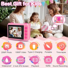 GKTZ Gift Pink for Girls Age 3-14 - Kids Waterproof Camera Digital Video Camera 180 Rotatable 20MP Underwater Camera, Birthday Gift for Girls 4 5 6 7 8 9 Years Old with 32G Card