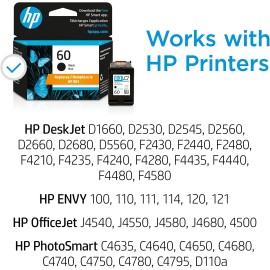 HP 60 Black Ink Cartridge | Works with DeskJet D1660, D2500, D2600, D5560, F2400, F4200, F4400, F4580; ENVY 100, 110, 120; PhotoSmart C4600, C4700, D110a Series | CC640WN