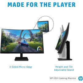 HP X32c Gaming Monitor - LED monitor - gaming - curved - 31.5" - 1920 x 1080 Full HD (1080p) @ 165 Hz - VA - 350 cd/m_ - 3000:1 - 1 ms - HDMI, DisplayPort - black