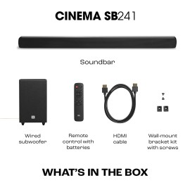 JBL Cinema SB240, Dolby Digital Soundbar with Wired Subwoofer for Extra Deep Bass, 2.1 Channel Home Theatre with Remote, HDMI ARC, Bluetooth & Optical Connectivity (110W)