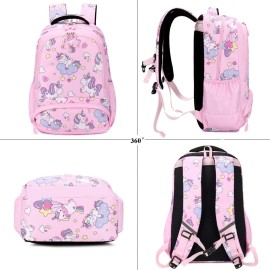 Kouxunt Unicorn Girls School Backpacks for Kids Teens, 3-in-1 School Bag Bookbags Set with Lunch Bag Pencil Case (Pink)