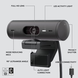 Logitech Brio 501 Full HD Webcam with Auto Light Correction,Show Mode, Dual Noise Reduction Mics, Privacy Cover, Works with Microsoft Teams, Google Meet, Zoom, USB-C Cable - Black