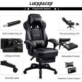 Luckracer GREY Gaming Chair with Footrest Office Desk Chair Ergonomic Gaming Chair Pu Leather High Back Adjustable Swivel Lumbar Support Racing Style E-Sports Gamer Chairs Gray