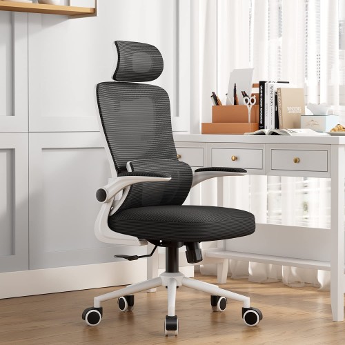 Office Chair White Height-Adjustable Ergonomic Desk Chair with Self-Adaptive Lumbar Support, Breathable Mesh Computer Chair High Back Swivel Task Chair with Adjustable Headrest and Flip-up Armrests - White