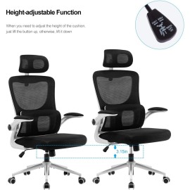Office Chair White Height-Adjustable Ergonomic Desk Chair with Self-Adaptive Lumbar Support, Breathable Mesh Computer Chair High Back Swivel Task Chair with Adjustable Headrest and Flip-up Armrests - White