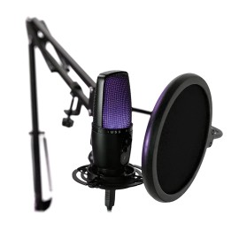 Qfx M-192 Studio Kit With Ultra-High-Resolution Usb Microphone With Built-In Rgb Lights, Shock Mount, Studio Boom And Desk Tripod Stands, And Pop Filter