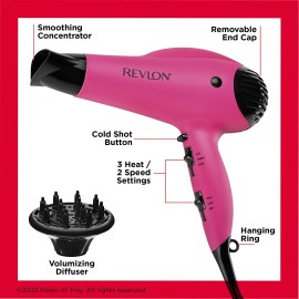 Revlon Volume Booster Hair Dryer | 1875W for Voluminous Lift and Body, (Pink)