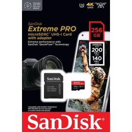 SanDisk 256GB Extreme PRO microSD UHS-I Card with Adapter C10, U3, V30, A2, 200MB/s Read 140MB/s Write
