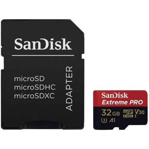 SanDisk Extreme Pro 32 GB microSDHC Memory Card + SD Adapter with A1 App Performance + Rescue Pro Deluxe 100 MB/s Class 10, UHS-I, U3, V30 SDSQXCG-032G-GN6MA, Red/Gold