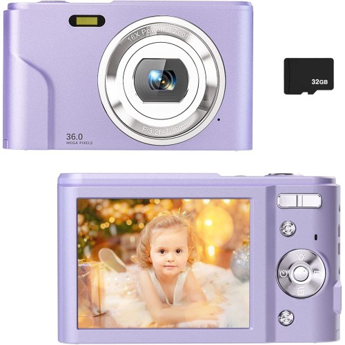 Sevenat Digital Camera for Kids Boys and Girls - 36MP Children's Camera with 32GB SD Card Purple)