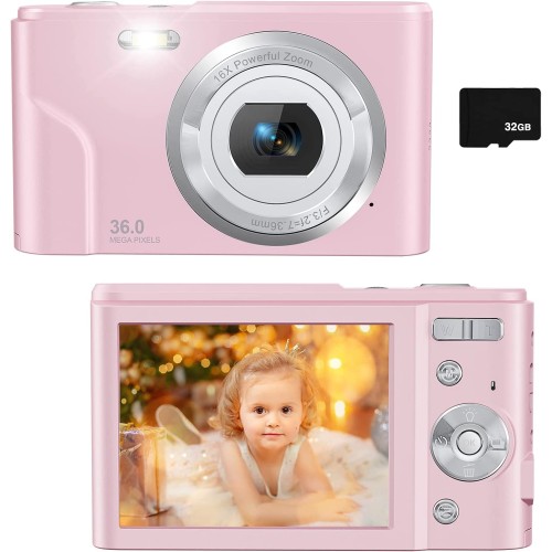sevenat Digital Camera with 32GB SD Card, Lecran Kids Camera FHD 1080P 36.0 Mega Pixels Vlogging Camera with 16X Digital Zoom, LCD Screen, Compact Portable Mini Cameras for Kids, Teens, Students (Pink)