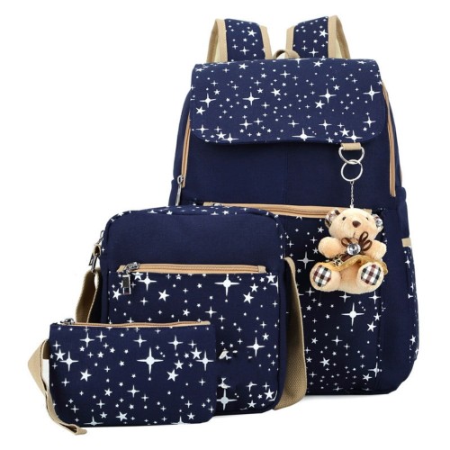 Star Print BLUE Girls Canvas Backpacks Set for School, School Bags Bookbags for Teenage Girls,