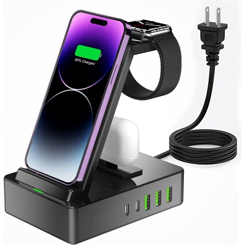 Tacelary 8 in 1 Charging Station, 100W Wireless Charging Station for Multiple Devices Apple with 20W USB C 2 Ports, Aluminum Alloy Cell Phone Charging Station Compatible with iPhone Series, iWatch, AirPods Pro
