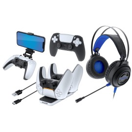 Gamers Kit For PlayStation 5: Gaming Headset with 50mm Drivers, PS5 Controller charger, Adjustable Phone Mount, USB-C Cable, Protective Cover and Caps