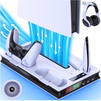 PS5 Accessories PS5 Stand for Digital/Disc Console, PS5 Cooling Station Incl. 3 Level Cooling Fan, 3 USB Hub, Headset Holder, Media Slot, Dual Playsation 5 Controller Charging Station for Dua-Sense