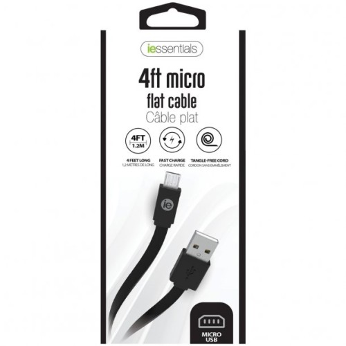 iEIessentials Charge and Sync Flat Micro USB to USB-A Cable, 4 Feet (Black)