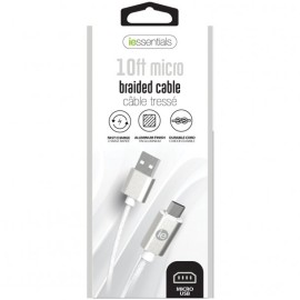 iEsentials Charge & Sync Braided Micro USB to USB Cable, 10ft (White)