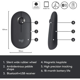Logitech Pebble M350 Mouse optical 3 buttons wireless Bluetooth, 2.4 GHz - USB