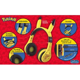 Pokemon Kids Bluetooth Headphones, Wireless Headphones with Microphone Includes Aux Cord, Volume Reduced Kids Foldable Headphones for School, Home, or Travel