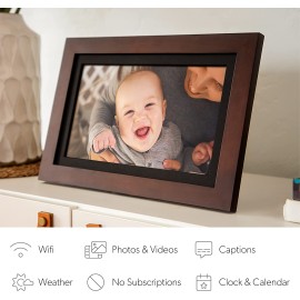Brookstone PhotoShare 14” Smart Digital Picture Frame, Send Pics from Phone to Frames, WiFi, 8 GB, Holds 5,000+ Pics, HD Touchscreen, Premium Espresso Wood, Easy 1-min Setup