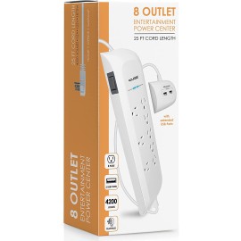 Digital Energy 8 Outlet 4200 Joules 25 FT Surge Protector Power Strip with Separated 2 USB Ports Strip