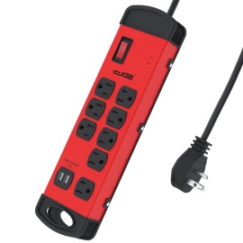 Digital Energy DEE1-1134 8-Outlet Metal Surge Protector Power Strip with 2 USB Ports (Red/Black, 15-Foot Cord)
