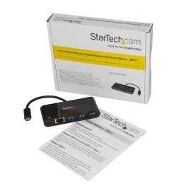 StarTech 3 Port USB-C Hub with Gigabit Ethernet & 60W Power Delivery Passthrough Laptop Charging, USB-C to 3x USB-A