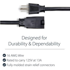 StarTech 6ft Power Cord with 125 Volts at 13 Amps - 16 AWG Power Extension Cable Cord - NEMA 5-15R to NEMA 5-15P