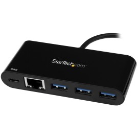 StarTech 3 Port USB-C Hub with Gigabit Ethernet & 60W Power Delivery Passthrough Laptop Charging, USB-C to 3x USB-A