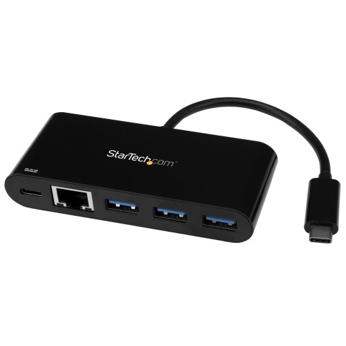 StarTech 3 Port USB-C Hub with Gigabit Ethernet & 60W Power Delivery Passthrough Laptop Charging, USB-C to 3x USB-A
