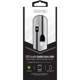 iEssentials Charge & Sync Braided Micro USB to USB Cable, 10ft (Black)