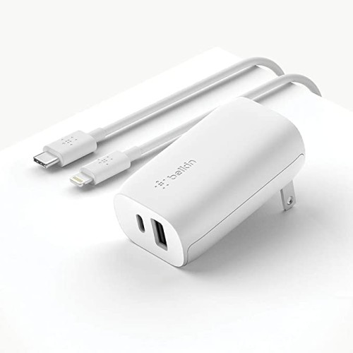 Belkin 37W PPS PD Dual Port Wall Charger with USB-C to Lightning Cable Included, Power Delivery 25W USB C Port and 12W USB A Port for Fast Charging Galaxy S21, Ultra, Plus, iPhone and More