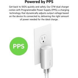 Belkin 37W PPS PD Dual Port Wall Charger with USB-C to Lightning Cable Included, Power Delivery 25W USB C Port and 12W USB A Port for Fast Charging Galaxy S21, Ultra, Plus, iPhone and More