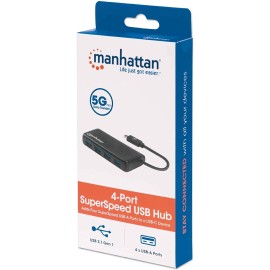 Manhattan 164924 4-Port USB 3.2 Gen 1 Hub USB-C Male to 4x USB A Female 5Gbps Data Transfer Rates USB Powered Black